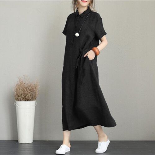 Women Cotton Linen Pocket Dress Korean O-Neck Short Sleeve L