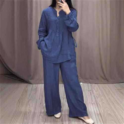 long-sleeved fashion wide-leg cotton linen placket pleated
