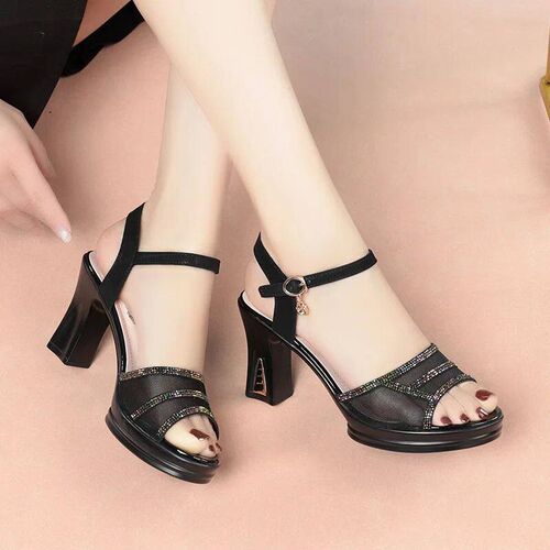 Elegant Mesh Rhinestone Block High Heels Shoes Summer 2024