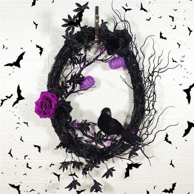 Halloween Black Crow Horror Wreath Creative Purple Rose Simu
