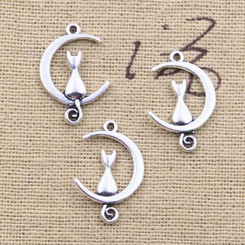 50pcs Charms Moon Cat 21x14mm Antique Silver Color Pendants