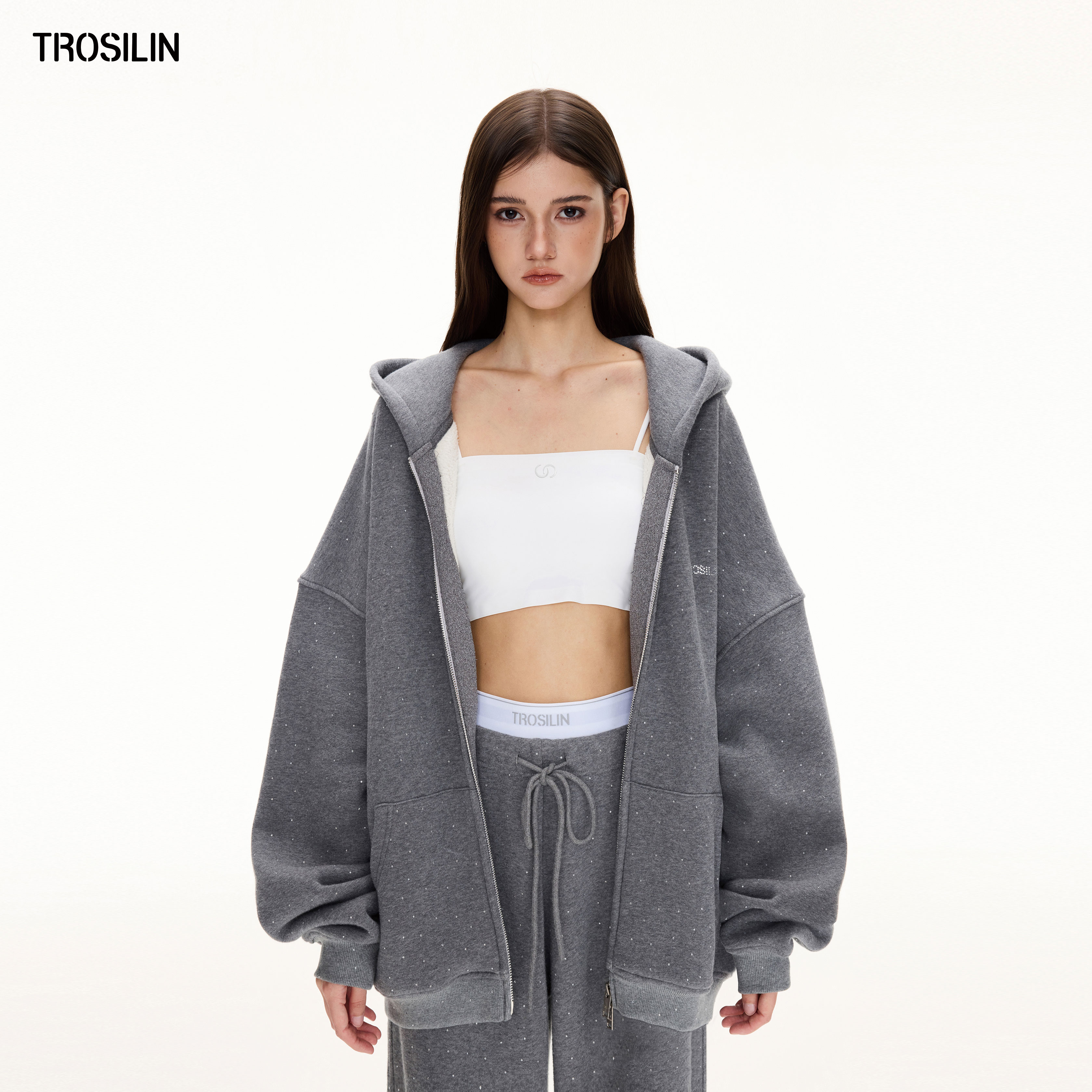 满天星水钻连帽衫纯色加绒外套