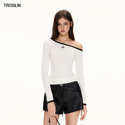 TROSILIN25斜肩长袖T恤简约性感上衣A25TS011BK-L