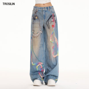 H2508PT014BL TROSILIN25秋冬3D立体打印锁链牛仔裤 宋亚轩同款