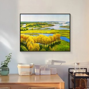 流水生财山水风景餐厅装饰画x大芬村油画手绘玄关挂画饭厅餐桌壁