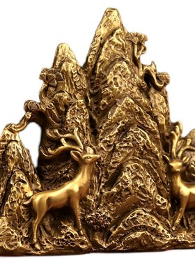 纯黄铜双a鹿大靠山路路畅通发财泰山五指山梅花鹿青山绿水金山摆