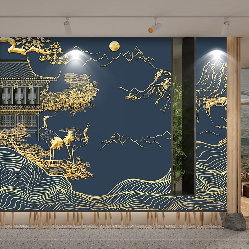 浮雕壁画中式阁楼电视沙发背景墙纸壁布茶室前台W定制墙布壁纸