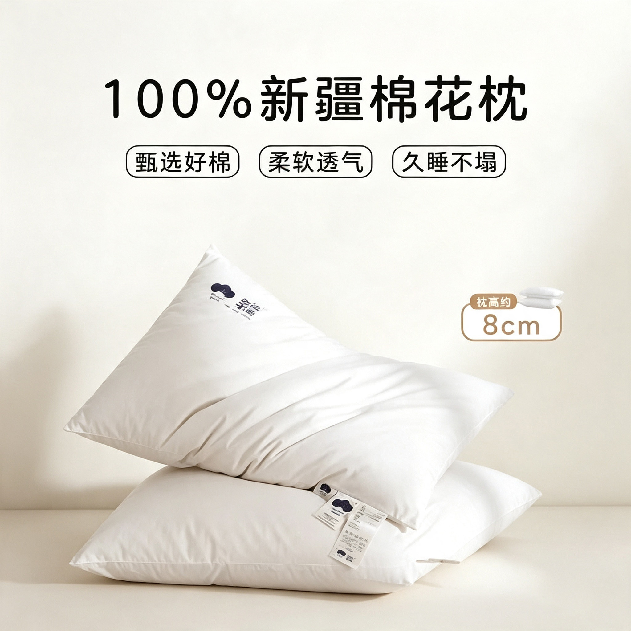 然牌100%新疆棉花枕头护颈枕助睡眠柔软透气久睡不塌单只低高枕芯