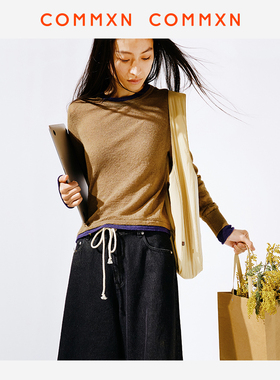 COMMXN·羊驼毛细纱撞色圆领针织衫通勤休闲毛衣2025秋季新款女装