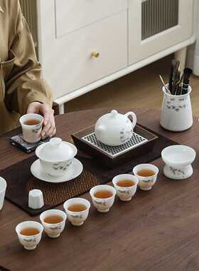 冰种素烧茶具套装高档西施壶三才盖碗德化羊脂玉墨竹水墨江山茶具