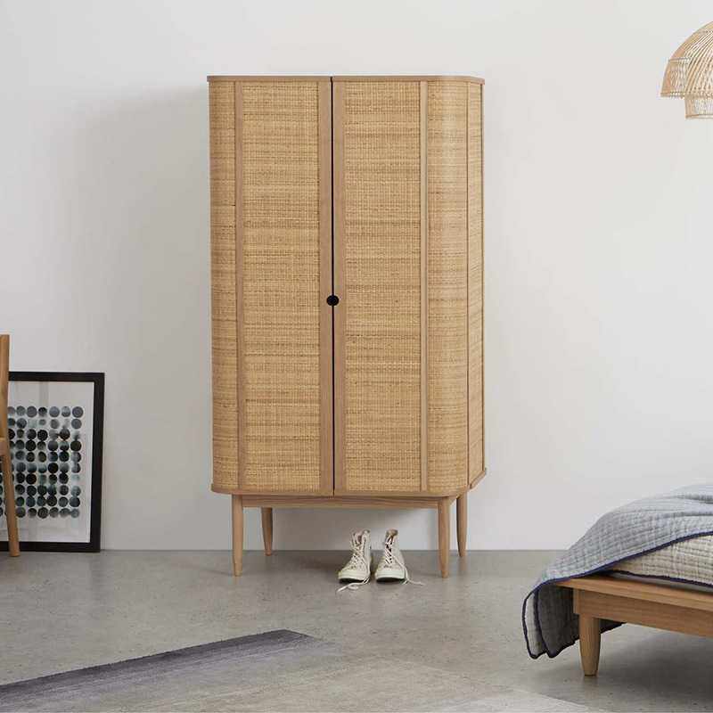 现代田园实木藤编复古绿双门衣柜日式简约卧室收纳柜美式拱形衣橱