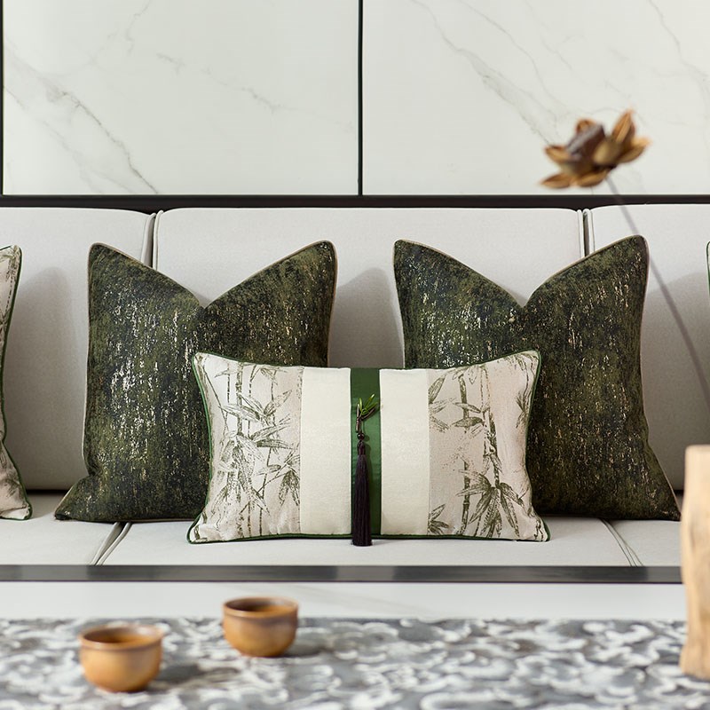 新中式竹叶提花绿色抱q枕套靠垫客厅沙发高端靠垫套茶室古典风靠