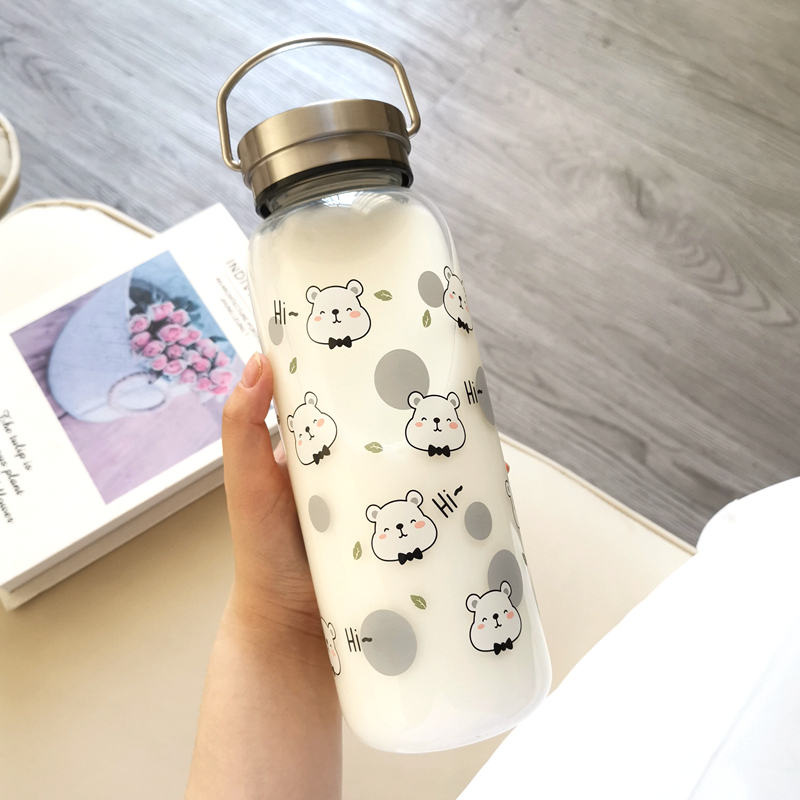 卖萌熊玻璃杯少女心1000mwl超大容量杯可爱不锈钢盖带茶隔防漏水