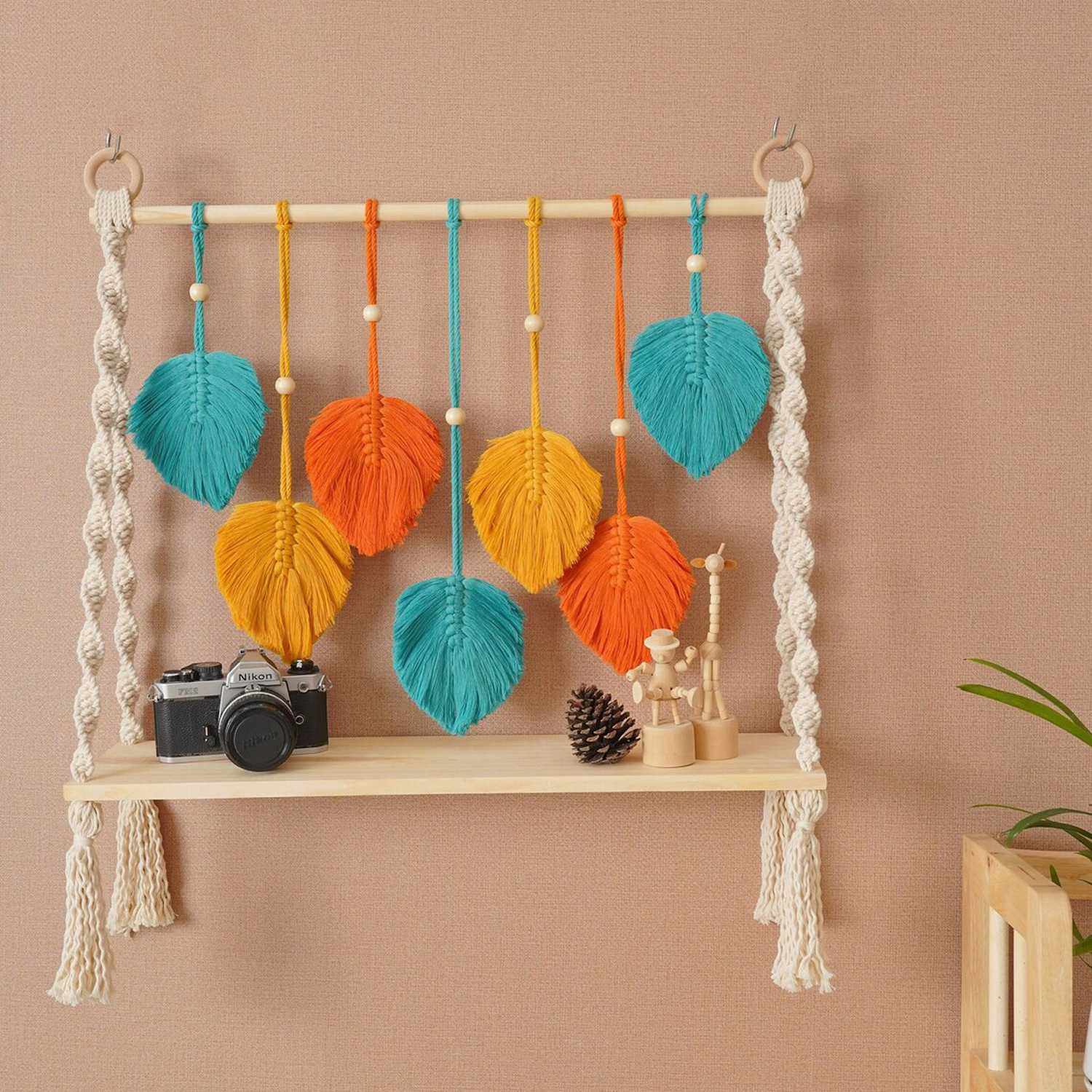 波西米亚手工编织树叶挂毯置物架 民宿房间装饰墙壁挂件隔板收纳,电子元器件市场,其它元器件,淘宝优惠券,粉丝福利购,淘宝优惠卷