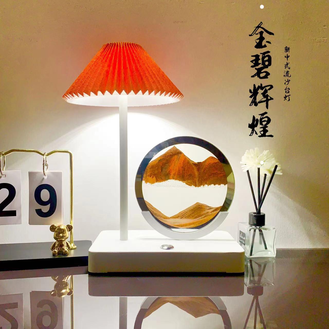 新中式创意摆件台灯客厅酒柜办公室装饰台灯山水流沙画沙漏小夜灯