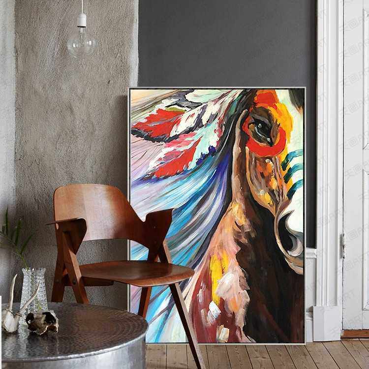 手绘油画现代玄关大幅骏马壁画美式客厅装饰画北欧餐厅书房挂画
