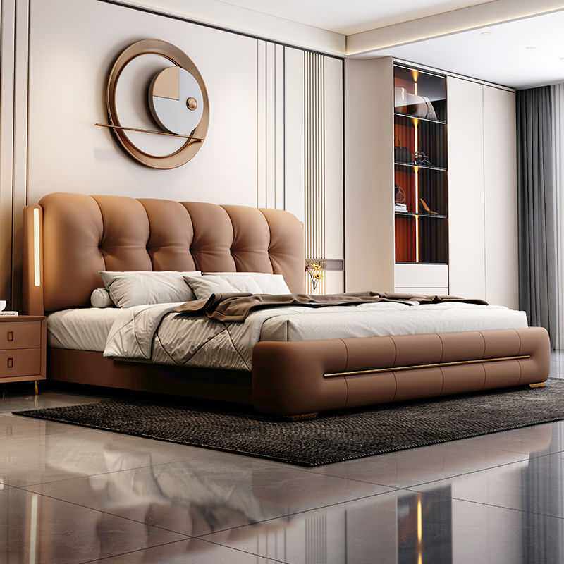 意式新款夜灯床轻奢现代简约双人软包皮艺床1.5储物床1.8主卧大