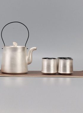 新中式陶瓷刷银茶壶茶具茶盘摆件别墅酒店样板房客厅茶几软装饰品