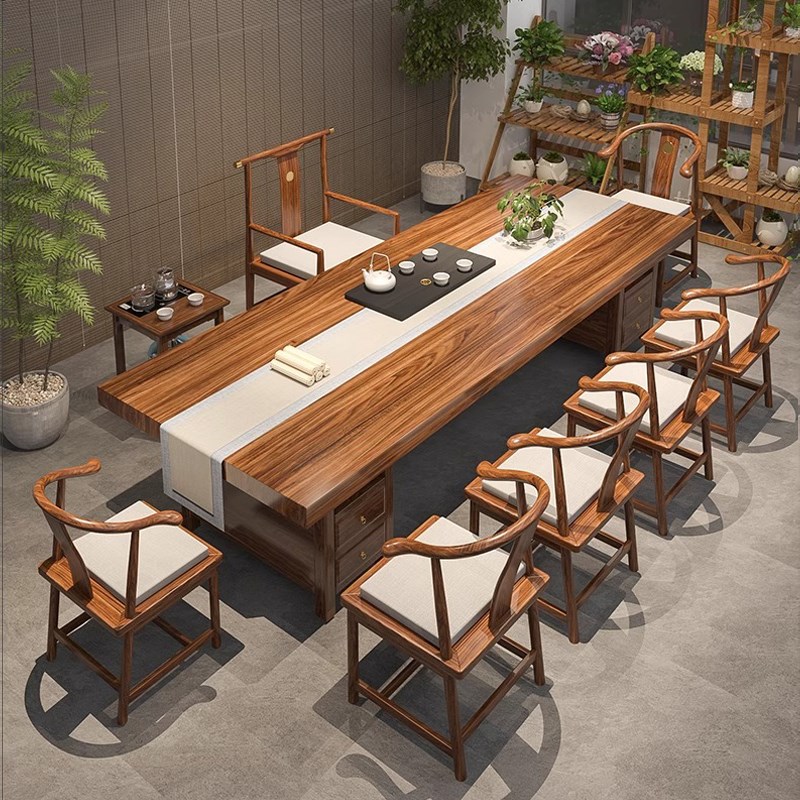 乌金实木大板茶桌椅组合一u桌五椅新中式家用办公接待会客茶几茶