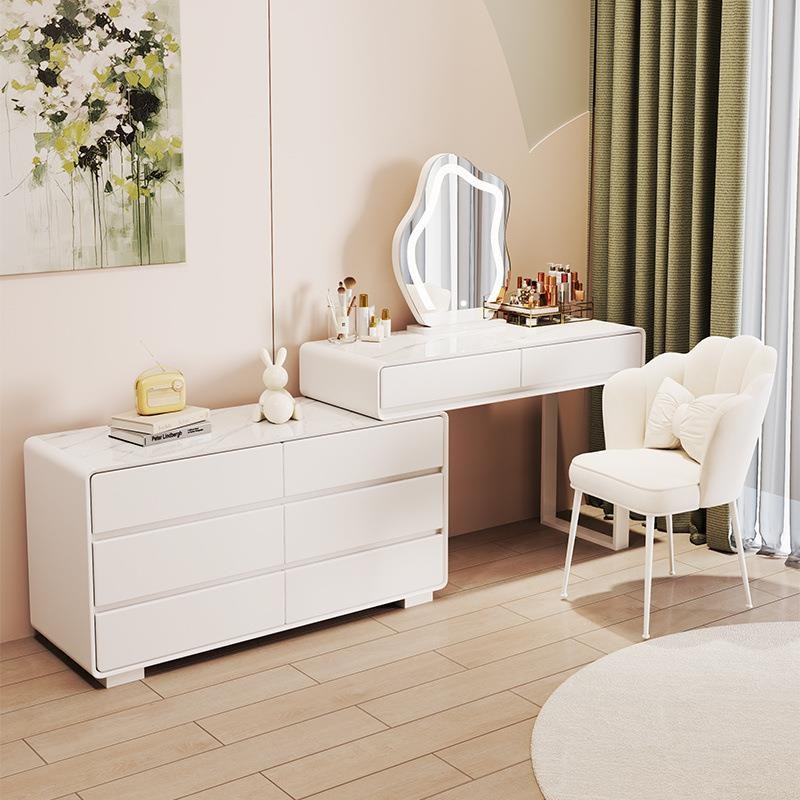 实木岩板化妆卧室梳妆台新x款奶油一体简约现代化妆台收纳妆桌
