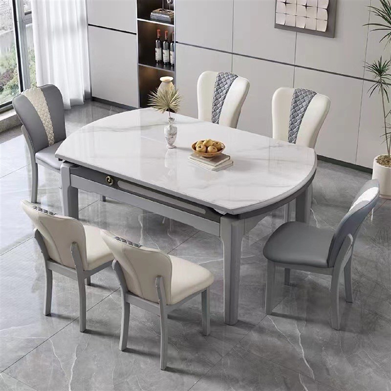 连纹岩板伸缩餐桌现代简约小户y型家用饭桌轻奢实木折叠电磁炉餐