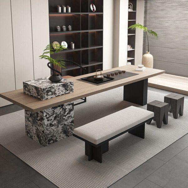 新中式实木轻奢茶桌椅组合现代简约岩板泡茶桌办公室会客茶台家具