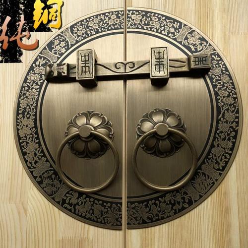 大门门栓拉手圆形纯铜门锁实木中式老式栓门环插销实心通体铜拉环