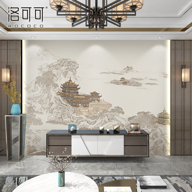 新款中式山水壁布电视背s景墙布意境楼阁壁纸客厅沙发壁纸民宿壁