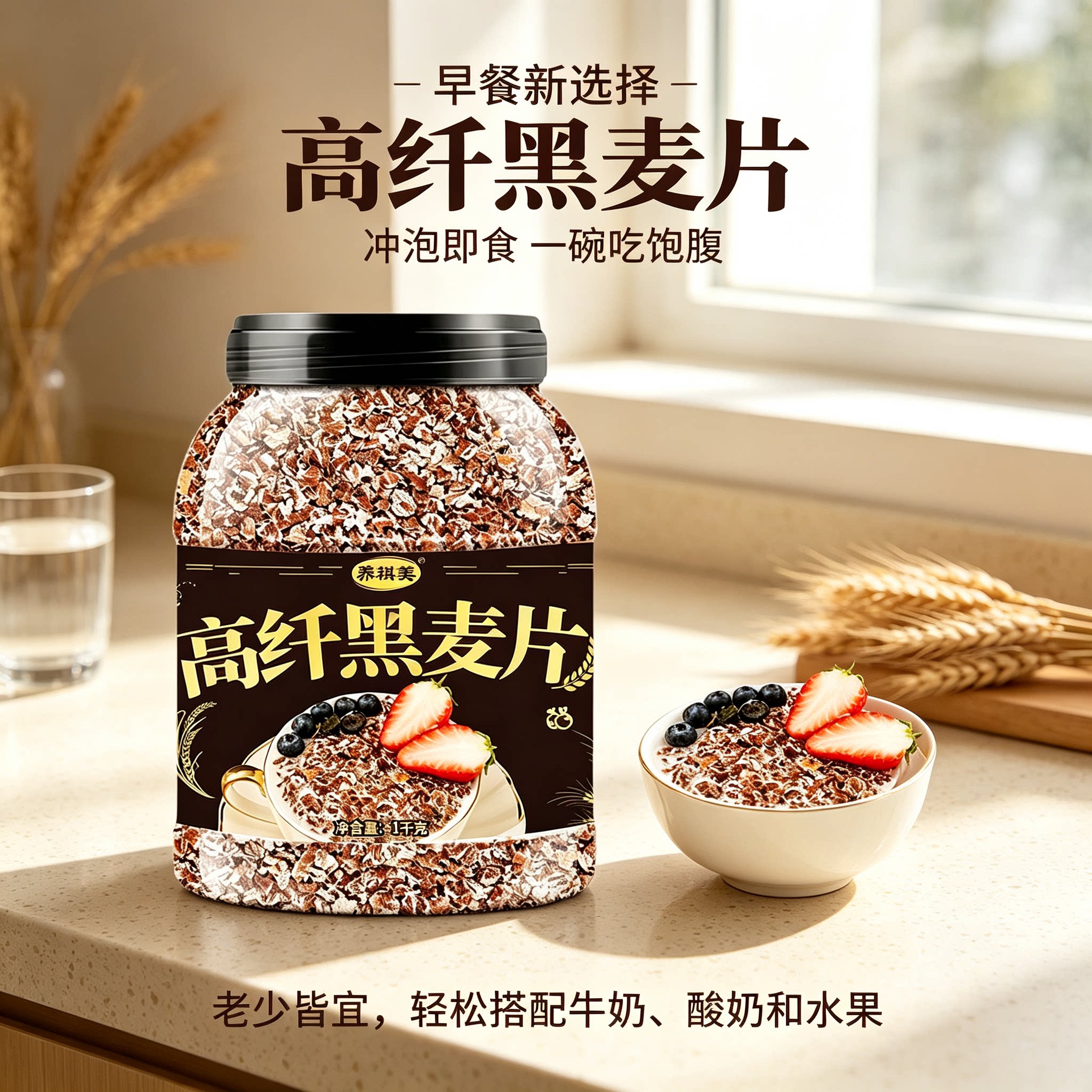 高纤黑麦片原味熟麦片冲泡即食饱腹感强上班族早晚餐代餐粉燕麦片