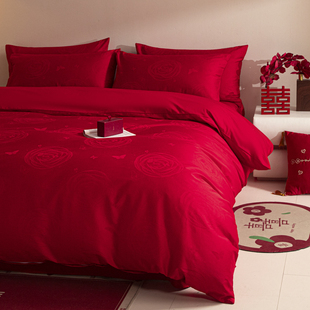 轻奢100支四件套红色结婚全棉贡缎套床单婚礼喜被床上用品婚嫁4