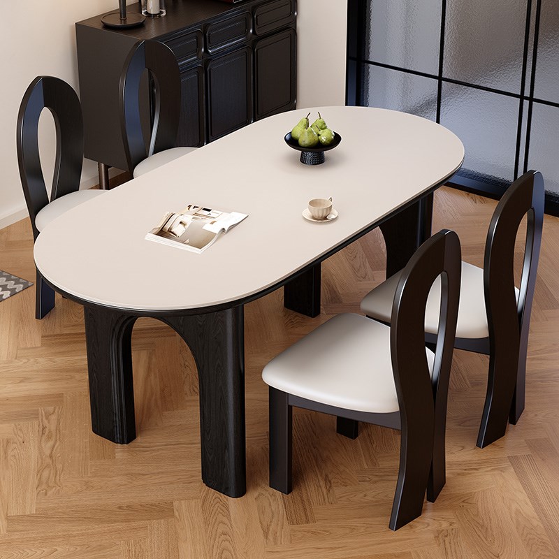 法式复古风实木岩板餐桌椅组合家用小户型圆弧椭圆形饭桌子餐桌