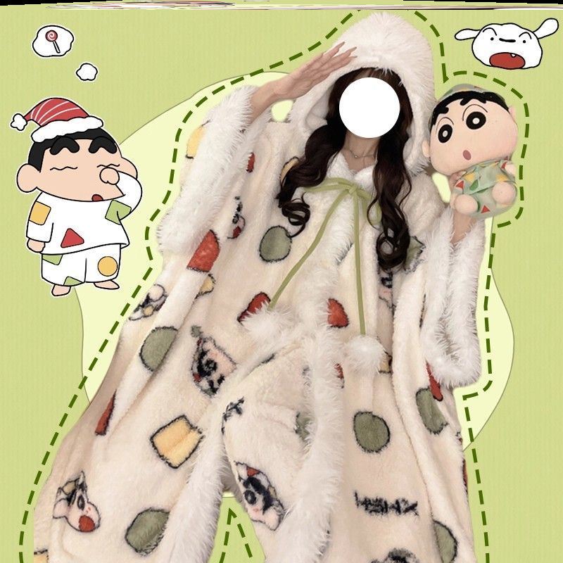 蜡笔小新斗篷睡衣睡袍冬朱志鑫同款蜡笔小新珊瑚绒睡衣加厚家居服