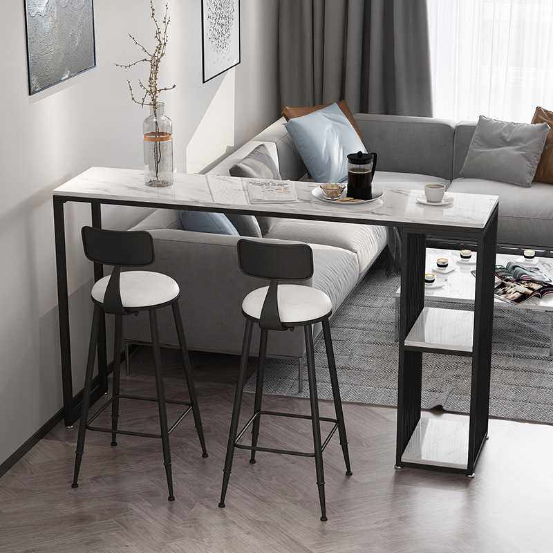简约家用客厅黑白吧台桌椅北欧大理石用餐高脚桌带收纳柜长条桌子