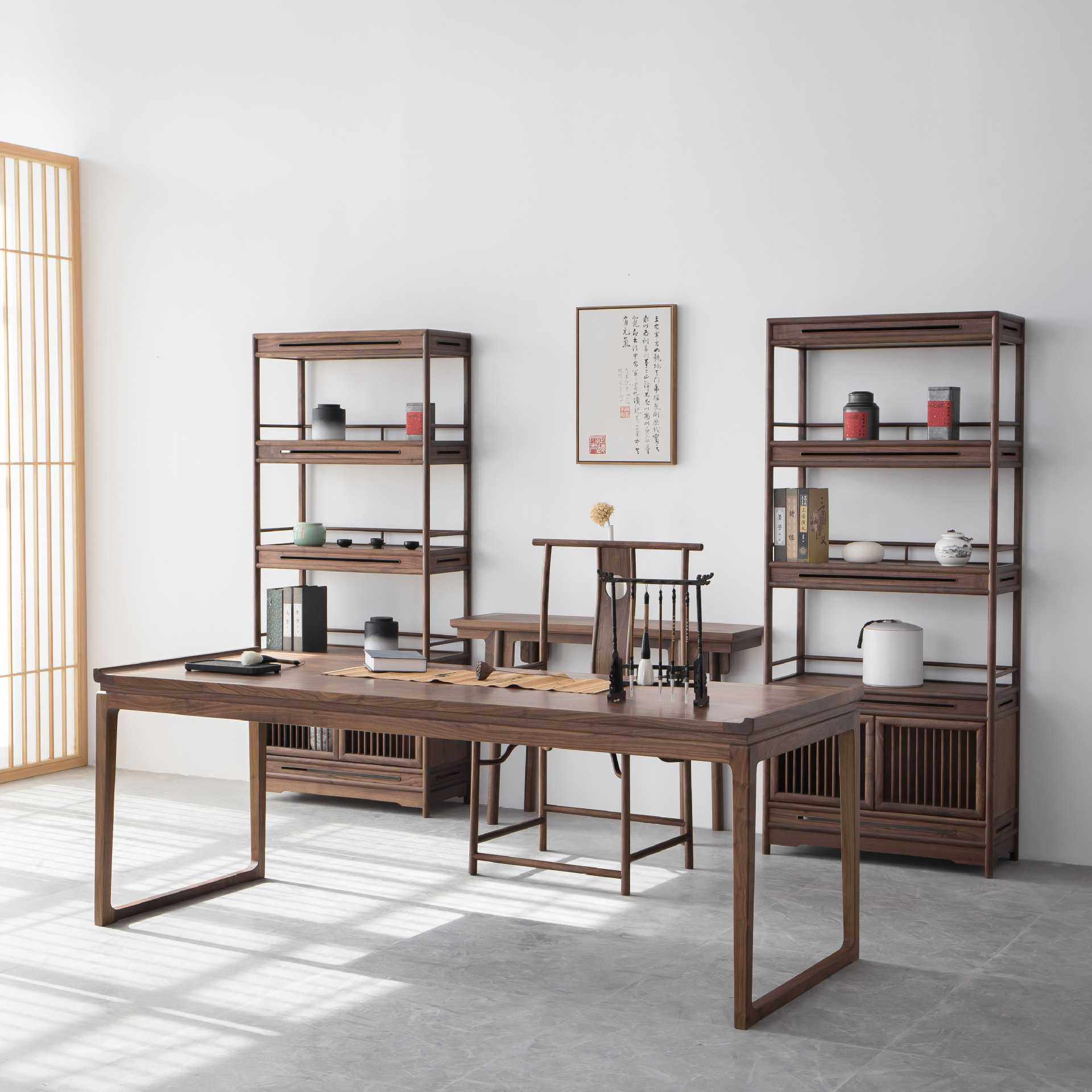 新中式老榆木书桌黑胡桃木实木书桌书房家具套装组合办公桌书法桌