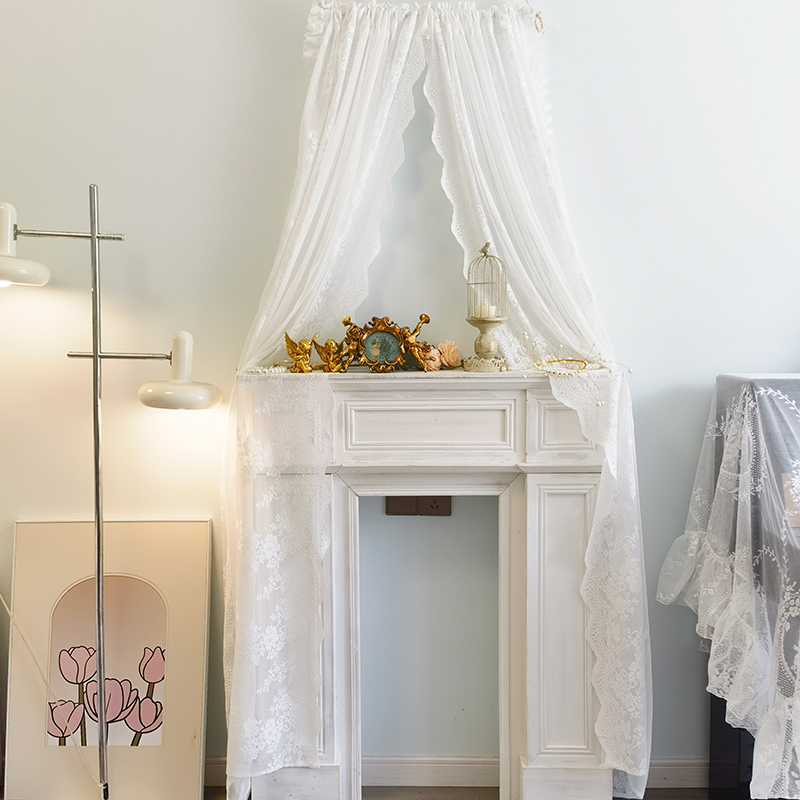 欧式壁炉装饰蕾丝纱帘客厅玄关柜摆件盖巾轻奢屏风隔断窗2023新款