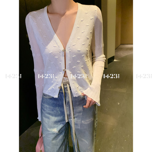 1423【悄然心动】重工设计喇叭袖针织小香风花边立体百搭开衫外套