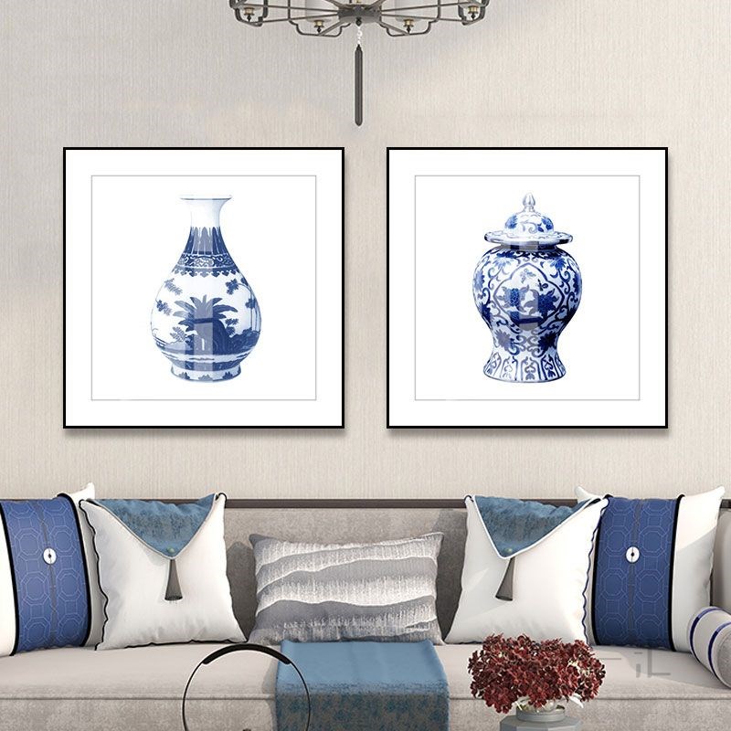 青花瓷装饰画茶室新中式客厅背景墙挂画陶瓷瓷器花瓶办公室壁画图片