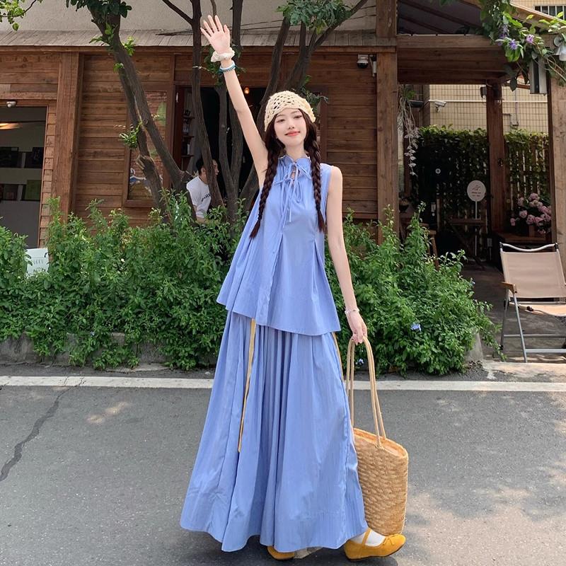 2025超火两件套夏装高级感气质无袖衬衫上衣半身裙女夏度假风套装