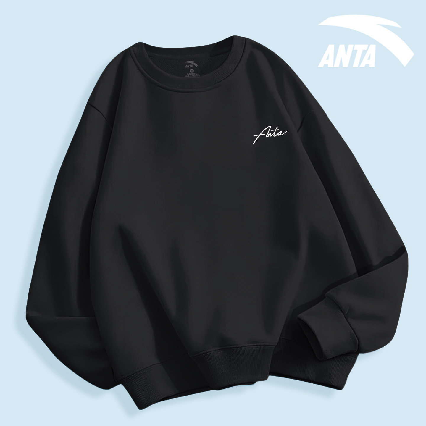 安踏长袖T恤女款潮流休闲卫衣2026新款黑色宽松圆领女士运动上衣