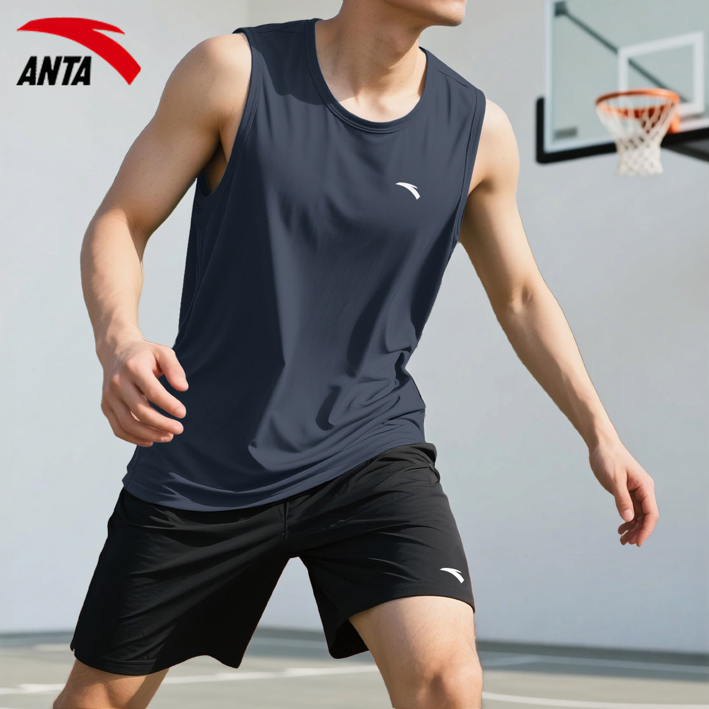 安踏速干衣男青少年夏季透气无袖T恤篮球健身运动背心五分裤套装