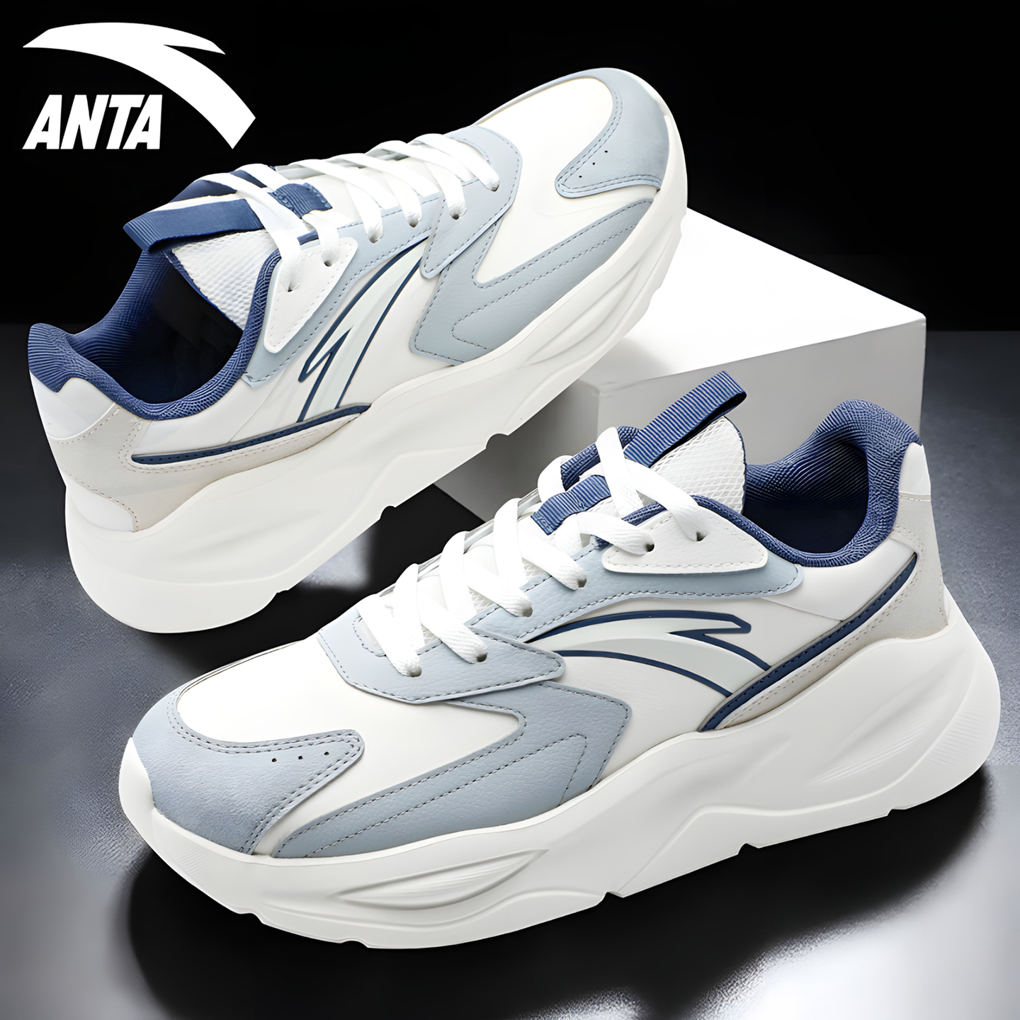 安踏厚底运动鞋皮面跑步老爹鞋男