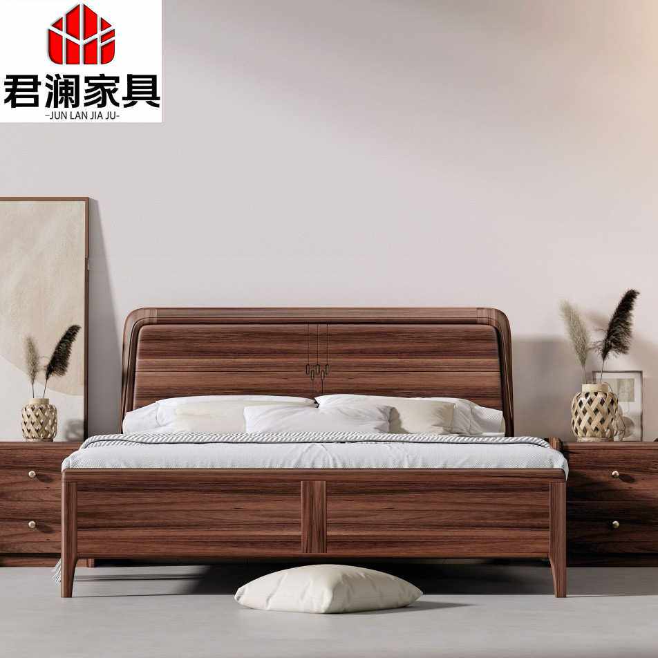 新中式黑胡桃木实木床现代简约轻奢1米8主卧室家具低箱储物双人床