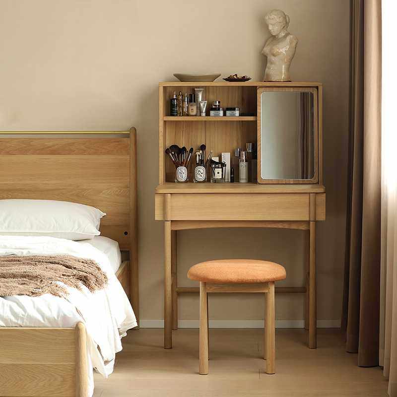 北欧表情迷你梳妆台小户型日式实木化妆镜收纳柜卧室黑色橡木原木