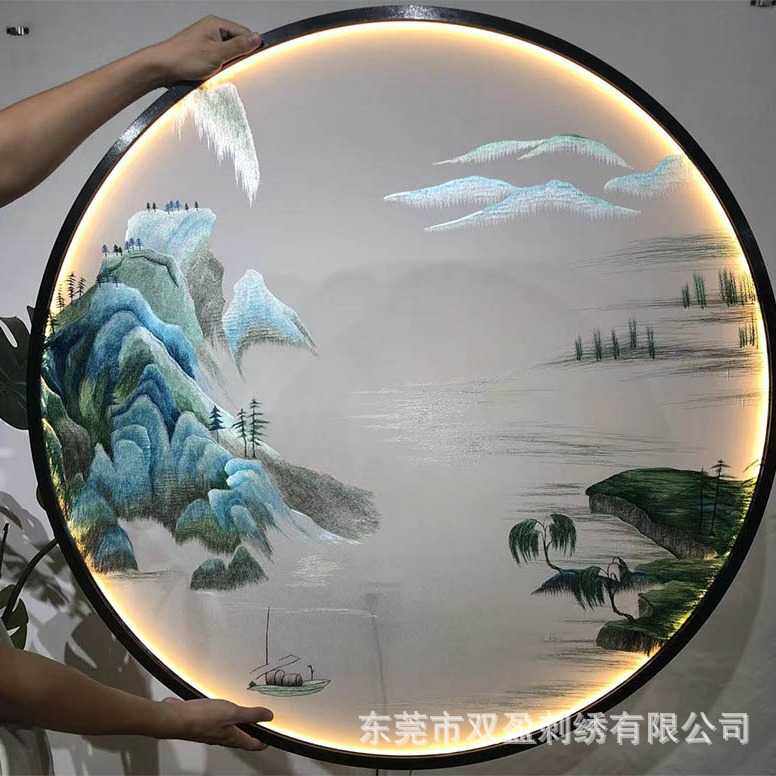 苏绣双面机器刺绣纱布画屏风隔断台双面绣小户型轻奢风格玄关