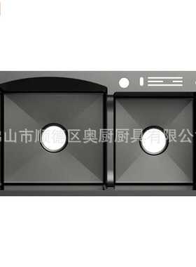 【加工定制】黑色304不锈钢厨房水槽台上中凹双槽加厚201带刀架