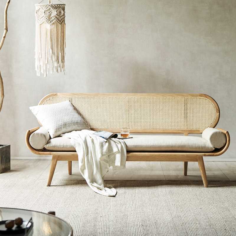 新中式三人位沙发北欧实木简约藤编小户型客厅布艺民宿休闲家具