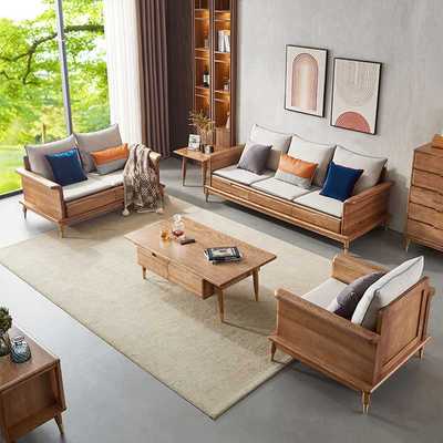 白蜡木实木沙发出租房小户型布艺储物三人位收纳榫卯原木色原木风