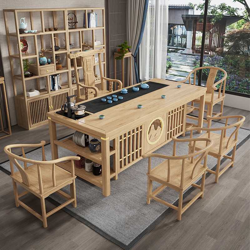 新中式茶桌椅组合办公室现代简约功夫茶台家用一桌五椅原木茶几桌