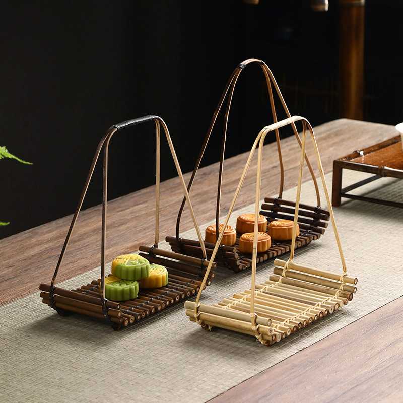 竹排手提点心篮手工编织提篮创意家用摆件复古装饰竹排托盘点心盘