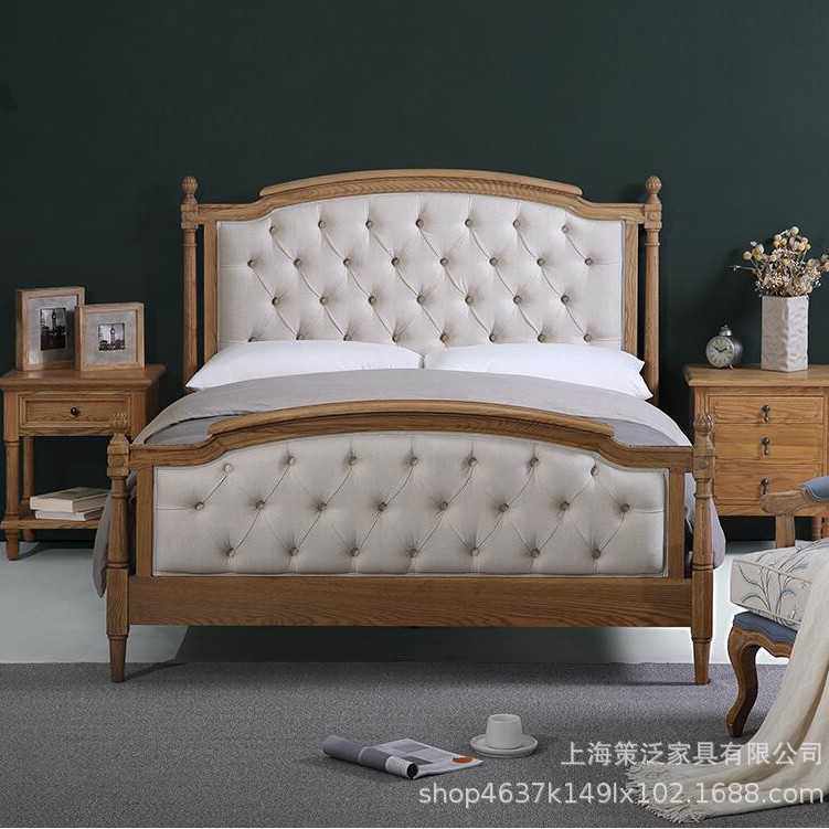 北欧现代简约实木复古大床美式乡村轻奢主卧1.8米软包双人布艺床